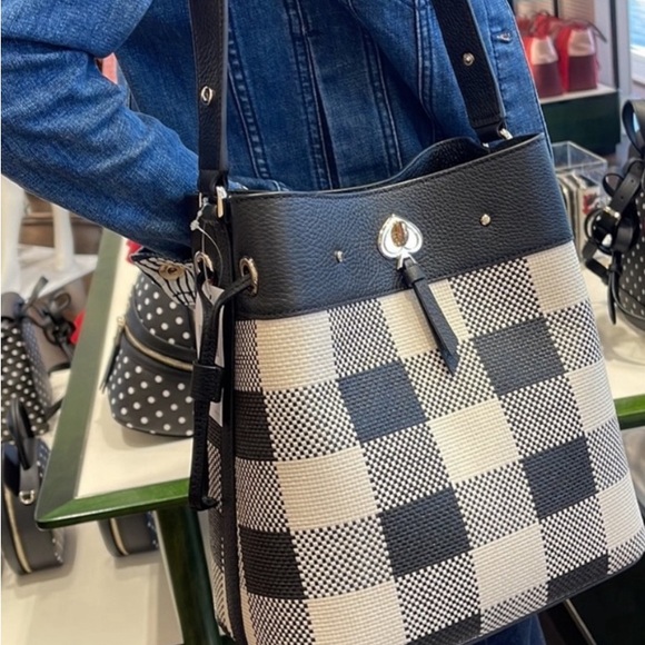 Kate Spade NY Gingham Large Bucket Bag Convertible crossbody & shoulder strap - Picture 2 of 12